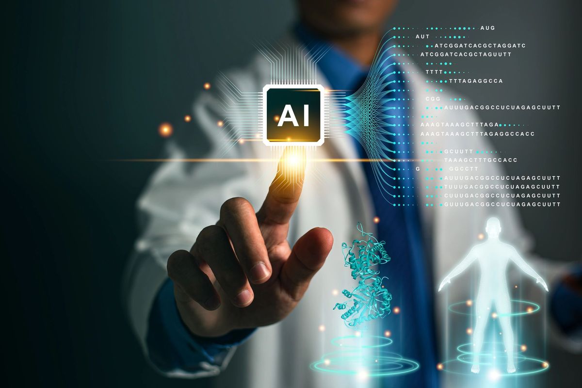 Doctor interacting with AI chip and DNA sequence visualization