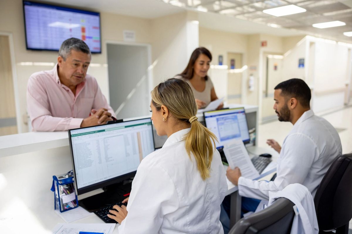 Hospital front-desk staff assisting patients