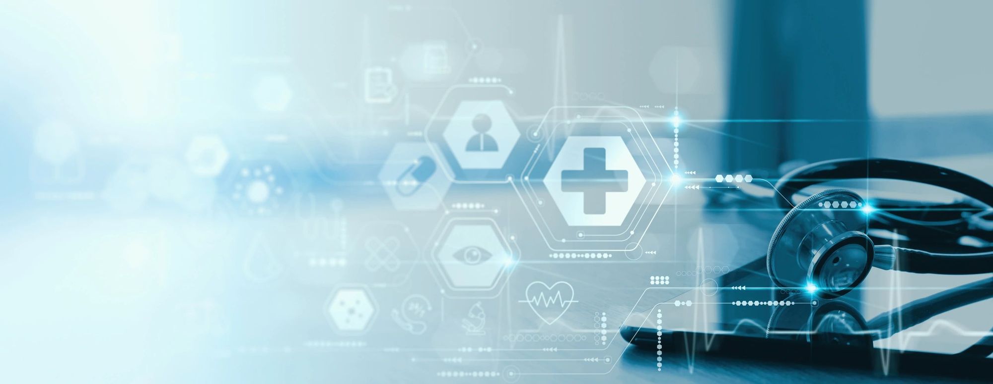 Modern healthcare technology banner with medical icons