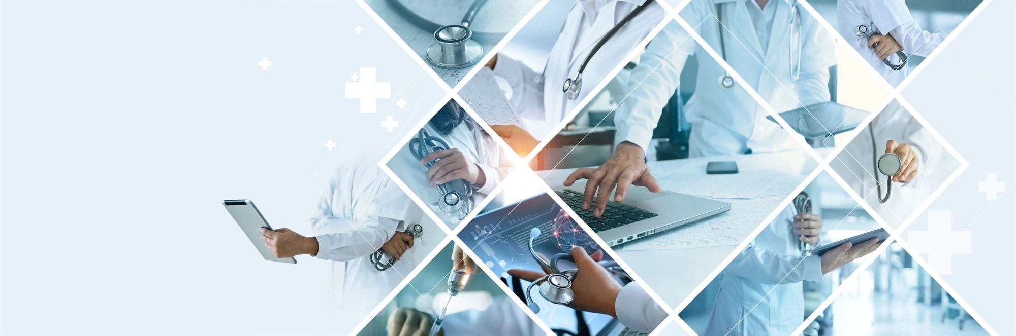 Collage of clinicians, devices, and healthcare technology