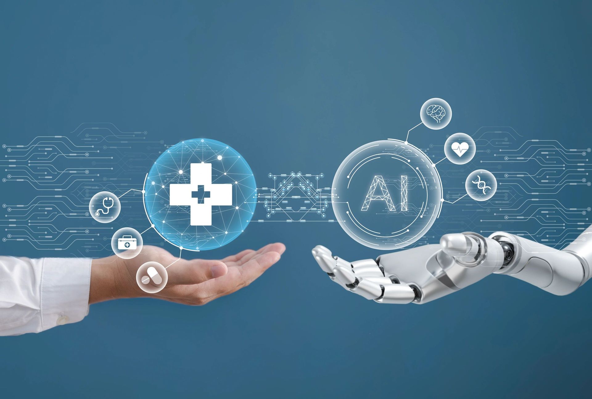 Human and robotic hands presenting medical AI symbols