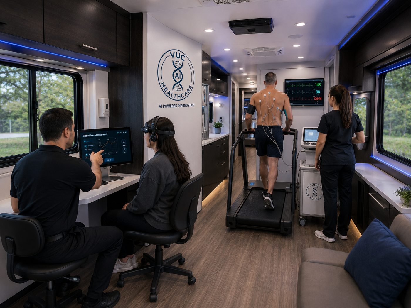 Cognitive assessment station with headset inside a VUC mobile health unit