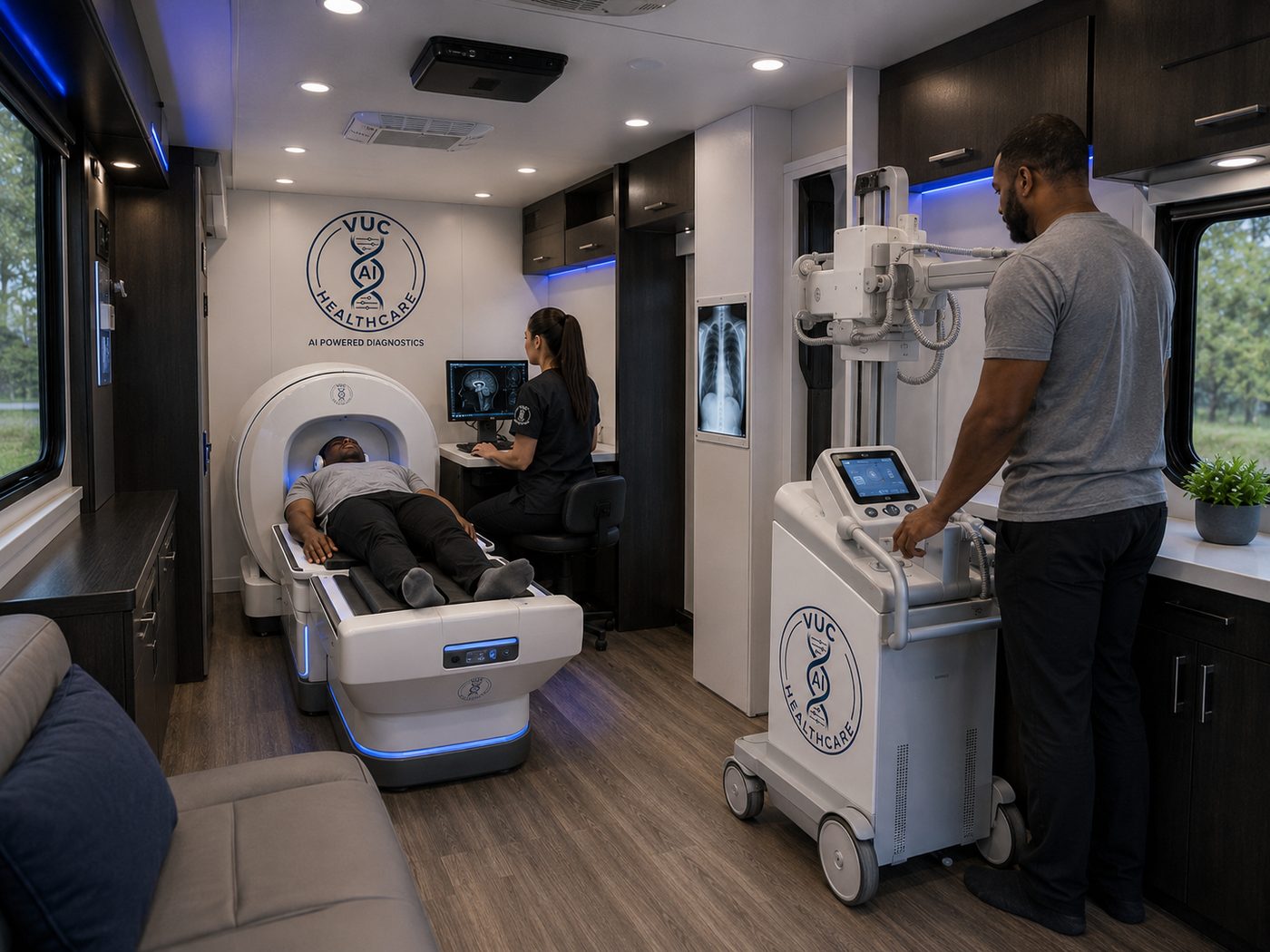 Mobile MRI and X-ray imaging suite inside a VUC mobile health unit