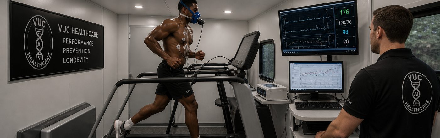 Athlete performing a monitored treadmill stress test inside a VUC mobile unit